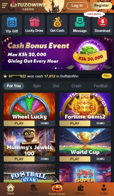 Tuzowins casino lobby on mobile with VIP Gift, Lucky Draw, Get Cash, Message and Download buttons