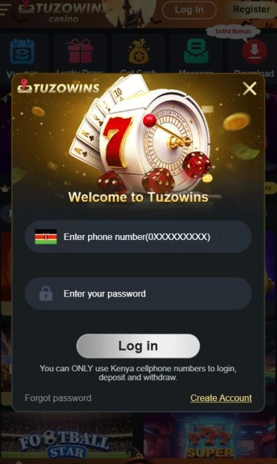 Welcome to Tuzowins login window with phone number and password fields