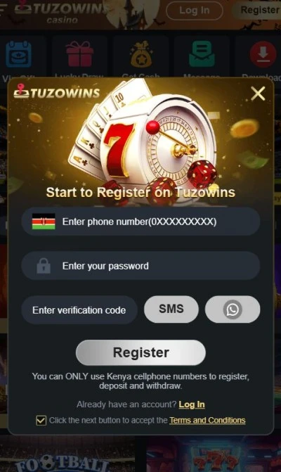 Start to Register on Tuzowins form with Kenyan phone number, password and SMS or WhatsApp code
