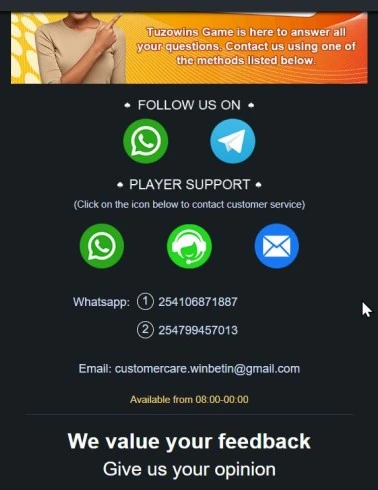 Tuzowins player support page with WhatsApp, live chat and email contacts